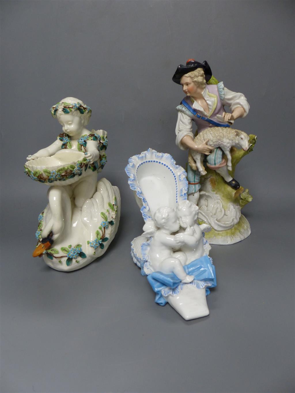 A French porcelain cherub shoe, a Continental porcelain cherub and swan dish and group of a shepherd, tallest 25.5cm
